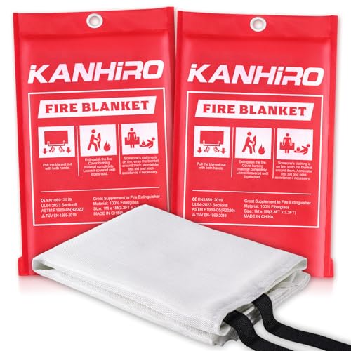 Image of KANHIRO Fire Blanket Emergency for Home Kitchen - Fiberglass Fire Suppression Blanket Great for School, Fireplace, Grill, Car, Office, Warehouse (2 Pack, 39 in X 39 in)