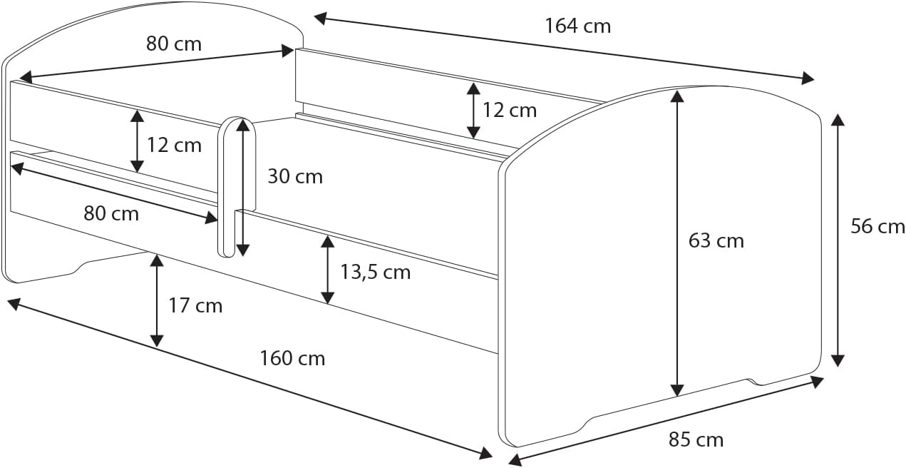 Technical drawing showing the dimensions of the KOBI LUK children's bed: 164 cm length, 85 cm width, 63 cm height, with mattress area 160x80 cm and safety barrier height details.