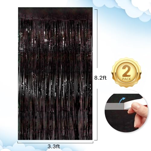 Image of Black Fringe Curtain Party Streamers 2Pack 3.3x8.3 Ft Foil Fringe Backdrop Curtains for Birthday Wedding Bridal Baby Shower Holiday Tinsel Streamers Black Party Decorations Door Streamer