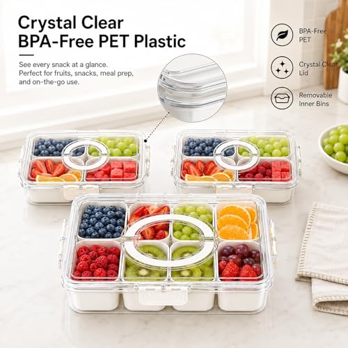 3 Pack Snackle Box with Lid, 1 Large 8-Compartment Snack Organizer and 2 Small 4-Compartment Snack Boxes Container, Divided Fruit Veggie Storage Tray for Kids, Fridge, Picnic, Road Trip, Party by KAISENLY - Used condition - Image 2