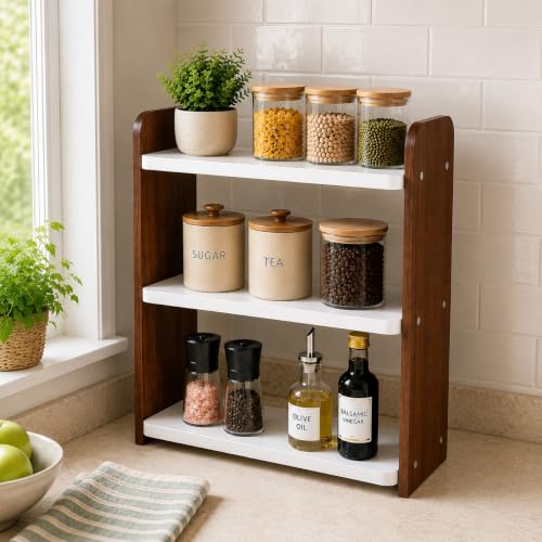 Image of 3-Tier Kitchen Organizer Rack for Countertop, Engineered Wood Spice Rack Shelf, Space Saving Storage Stand for Kitchen, Bathroom & Office, Easy Assembly, Dark Brown (White & Brown)