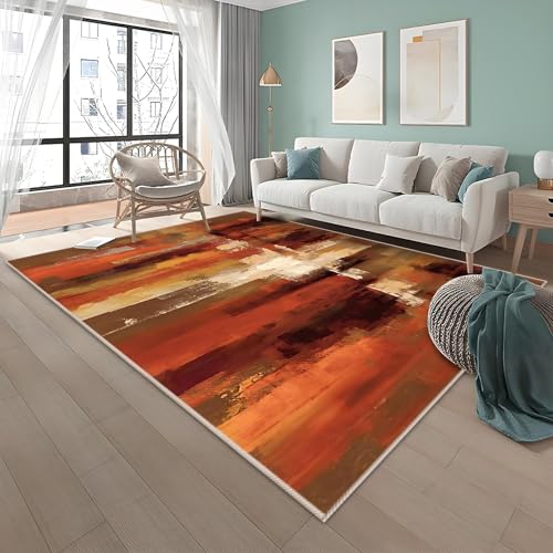 FTCJWL Orange Rug 160x230cm,Red Rugs for Living Room,Modern Abstract Carpet,Anti Slip Soft Short Pile Easy Clean,for Girls Bedroom,Brown
