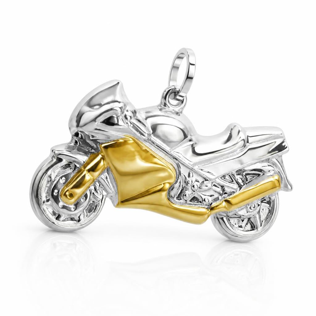 CLEVER SCHMUCK Motorrad Halskette Anhänger 3D bicolor mit Panzerkette 45 cm lang 925 Sterling Silber 925 im Luxus Etui