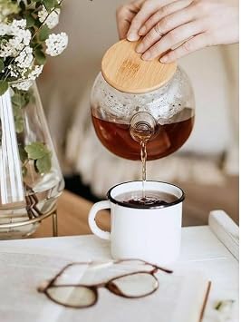 Heat Resistant Borosilicate Glass Teapot with Deconox Vacuum Bamboo Cover, Strainer (1000 ML) | Teapot.Deconox Vacuum Borosilicate Glass Teapot with Bamboo Cover – Strainer and Heat Resistant Teapot (1000 ML)