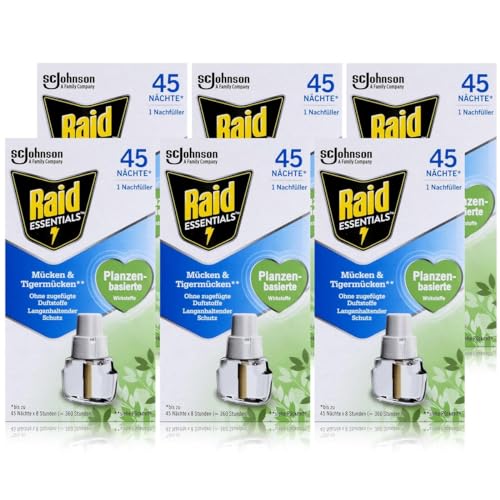 Raid Essentials Mücken-Stecker 45 Nächte Nachfüller, Elektrischer Insekten-Schutz vor Mücken & Tigermücken, 6er Pack (6 x 32 ml)