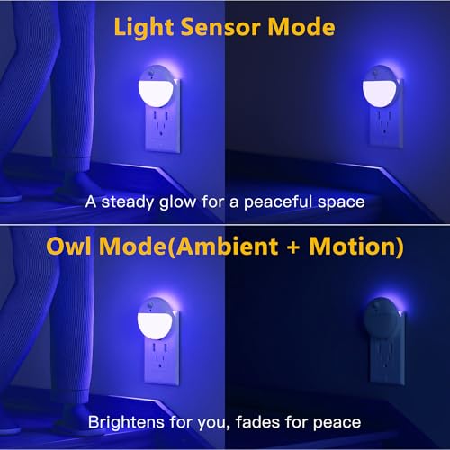 Image of YUNLEX 2 Pack Plug in Night Light with Motion Sensor and Dusk to Dawn Sensor, Stepless Dimming, Blue LED Nightlight with 3 Lighting Ways for Bathroom, Bedroom, for Girls, Boys, Adults