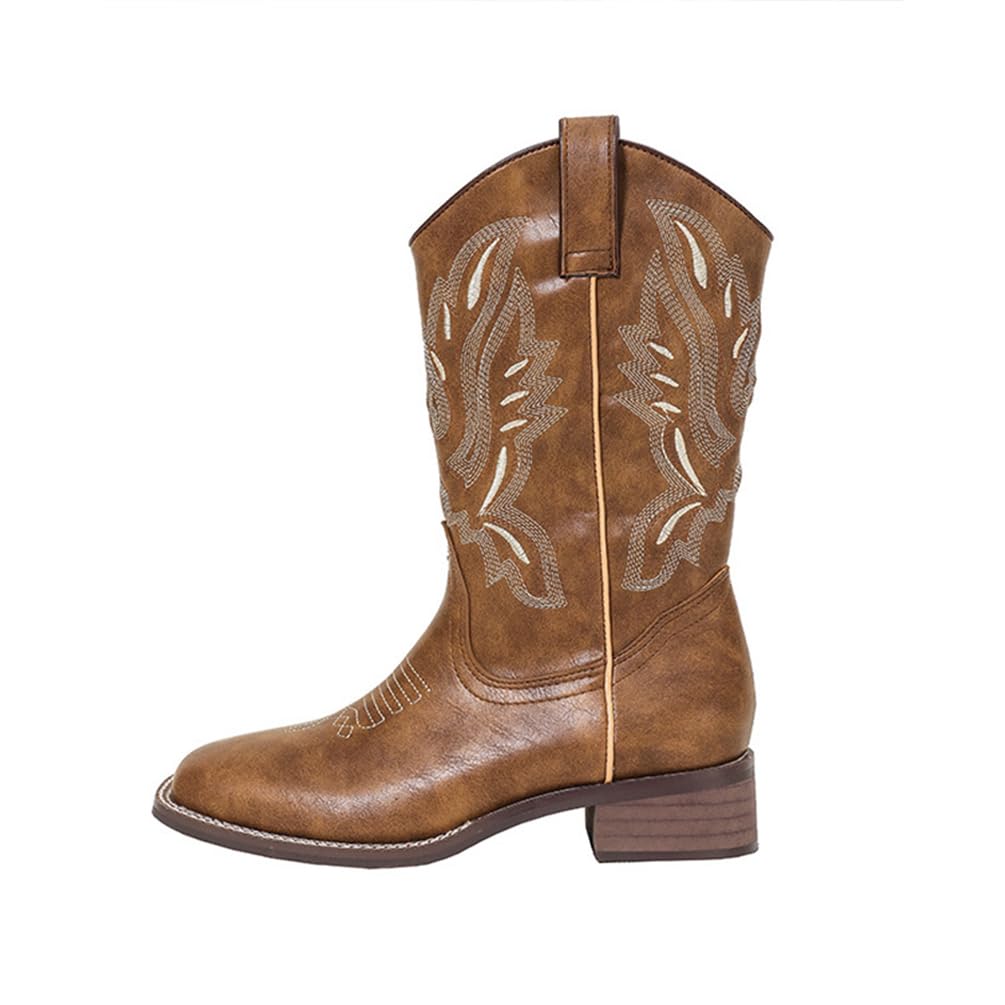 M&Catree Botas Vaqueras Occidentales de Pantorrilla Ancha para Mujer Botines Cowboy con Bordado Botas de Punta Cuadrada