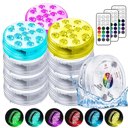 LOFTEK Submersible LED Lights with Remote, 13 LED Pool Lights for Inground Above Ground Pool with Magnets &Suction Cups,16 Color Changing Underwater Light for Pond Battery Operated, 12 Pack