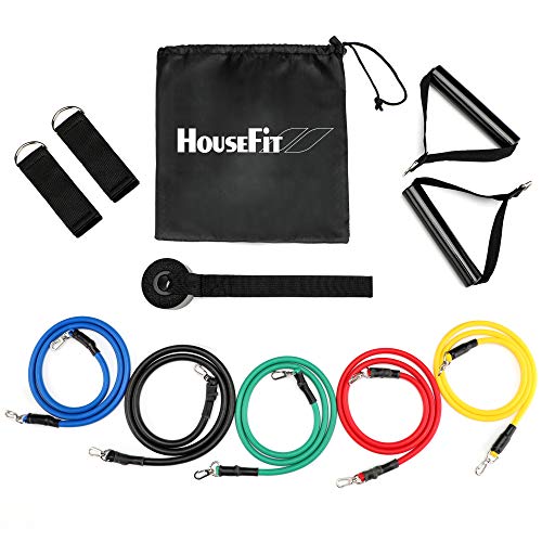 Fitness Resistance Bands Set - 5 Exercise Bands with Handles, Training Tubes with Door Anchor & Ankle Straps for Resistance Training, Physical Therapy, Home Workout, Yoga, Pilates Stackable