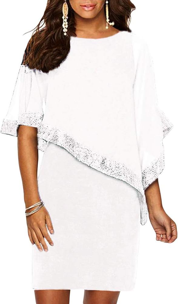 Women Cocktail Dress Sequined Overlay Chiffon Poncho Pencil Party Mini Dresses White