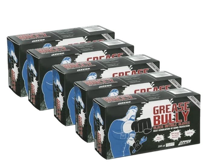 DENCO DISTRIBUTING, INC.Grease Bully Nitrile Gloves - 5 Pack - 500 Count - Powder & Latex Free - Textured Fingers