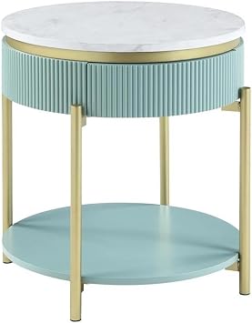 BOWERY HILL Contemporary Wood 1-Drawer End Table, Green Finish, 23"x23"x24", Faux Marble Top, Ribbed Detail, Gold Accents, Storage Drawer and Shelf, Living Room Side Table