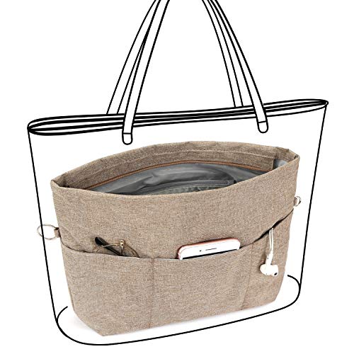 Image of VANCORE Purse Bag Organizer Insert with 13 Pockets, Handbag and Tote Bag Inside Shaper with Zipper (Khaki, XSmall)