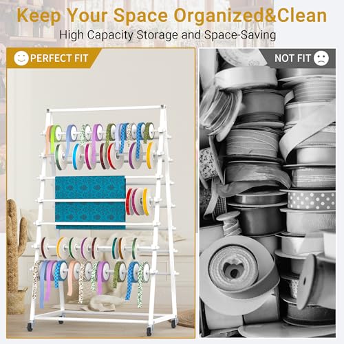 Image of Rolling Ribbon Organizer, 15 Tier Metal Ribbon Holder Organizer Rack, Christmas Craft Gift Wrapping Ribbon Storage Shelf, Ribbon Rack for Craft Room Cake Shop Flower Store, Vinyl Roll Holder (White)