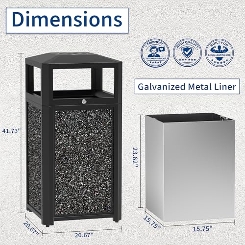 Image of 40 Gallon Commercial Outdoor Trash Can with Lid & Top Tray, Heavy-Duty Powder-Coated Steel Garbage Receptacle with Galvanized Metal Liner, Stone Panel Design for Park, Mall & Public Spaces