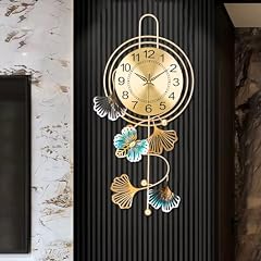 Large Wall Clock for Living Room, Round dial with Golden Blue Leaves, Modern Silent Non Ticking photo Large Wall Clock for Living Room, Round dial with Golden Blue Leaves, Modern Silent Non Ticking