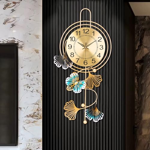 Large Wall Clock for Living Room, Round dial with Golden Blue Leaves, Modern Silent Non-Ticking Metal Wall Clocks for Kitchen, Bedroom, Study, Office, 25x12inch, (Gold Butterfly)