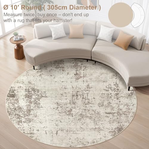 10ft Round Area Rug Living Room Rugs - 10x10 Washable Large Neutral Modern Abstract Soft Thin Rug Indoor Floor No Slip Rug Carpet for Bedroom Under Dining Table Home Office Decor - Dark Brown
