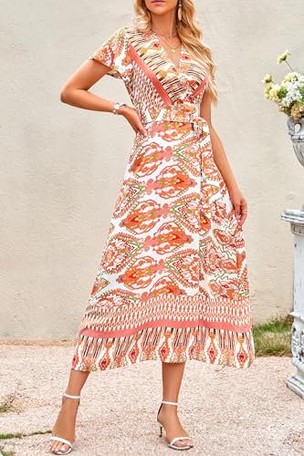 Image of PRETTYGARDEN Women Boho Summer Side Split Deep V Neck Short Sleeves Maxi Dress with Belt
