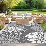 SHACOS Alfombra Exterior Impermeable Reversible, Alfombra de Exterior para Patios Plástico Ligero, Grande Outdoor Rug para Camping Jardines, Flores Gris, 150 X 240 cm