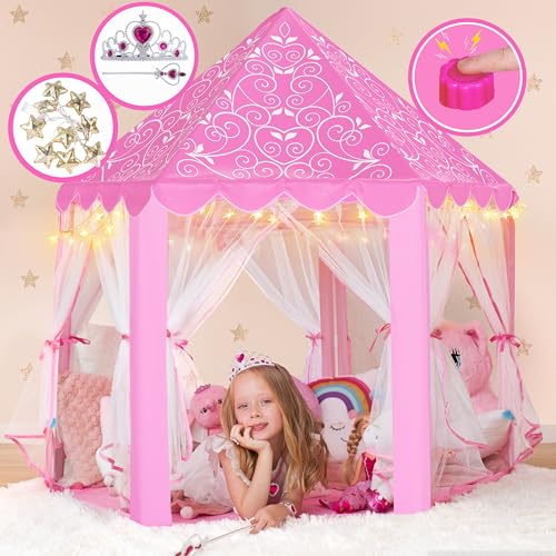 W&O Princess Tent with Fantasy Sound Button, LED Lights, Crown & Wand Set – Indoor & Outdoor Play Tent for Kids Ages 3-8