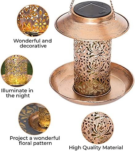 GloBrite Solar Bird Feeder, Bird Feeders for Outdoors Hanging, Heavy Duty Metal Wild Bird Feeders with Light for Garden Yard Outdoor, Unique Lantern Shape Vintage Decorative Gifts