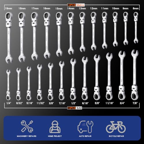 Image of Qnkaa 24pcs Flexible Ratcheting Wrench Set Metric 8-19mm & SAE 1 /4 inch to 7 /8 inch | 180 Flex-Head Spanner, Gear Ring Ratchet, Combination Wrenches Kit,,Cr-V Steel With Pouches