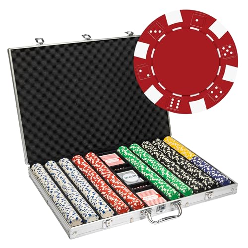 Playzaic 1000-piece Aluminum Striped Dice Poker Chip Case - 11.5-gram Clay Composite Set - Casino Chips for Texas Holdem, Blackjack - Betting Game Accessories