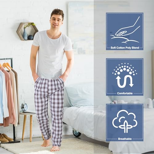 Image of 3 Pack Mens Cotton Pajamas Pants Lounge Pjs Bottoms Sleepwear Bottoms Soft Pants with Pockets Drawstring(Brown, Blue, Black,M,Plaid)