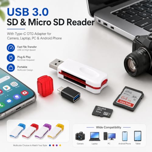 Image of USB 3.0 SD Card Reader 4 in 1 Memory Card Reader with Type C OTG Adapter Micro SD TF SDHC SDXC Card Reader for Camera Laptop PC MacBook Android iPhone Mobile Tablet USB C Adapter