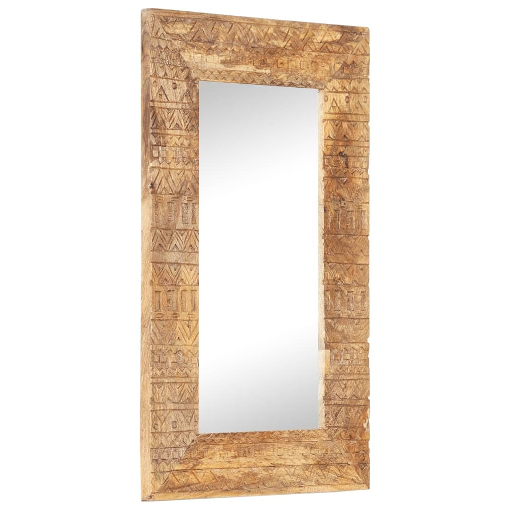 Ręcznie rzeźbione lustro ścienne 80 x 50 x 2,5 cm z litego drewna mango, dekoracyjne lustro drewniane z unikalnym rysunkiem słojów i ręcznie rzeźbionym wzorem, trwałe i wytrzymałe