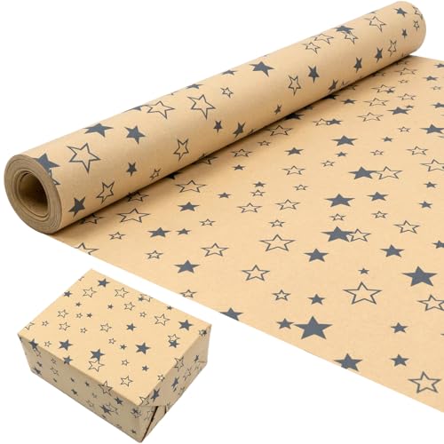 Rollo de papel para envolver regalos de cumpleaños: papel Kraft con estampado festivo de estrellas azules, papel de regalo reciclable de 43 cm x 15 m