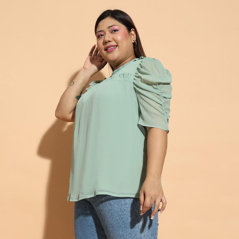 Image of oxolloxo Women Plus Size Round Neck Short Sleeve with Gather Pleates Ruffle Detail Top