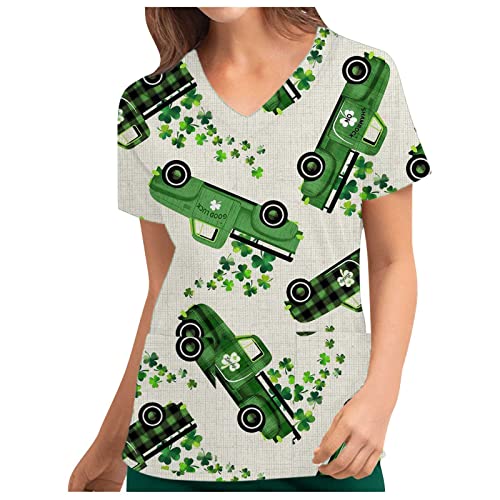 St Patrick s Day Shirt Women Scrub Tops Lucky Shamrock Graphic Tees V Neck Work Uniform V Neck Pullover Blouse Pockets