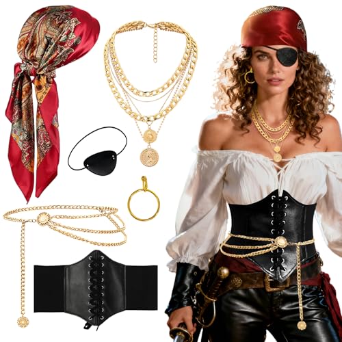 GYIOFAI 6 peças de acessórios de fantasia de pirata para mulher, bandana pirata, brincos, espartilho, corrente de cintura, remendo para os olhos, para carnaval, Halloween, festa de cosplay (vermelho)