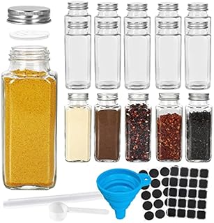 15 Pcs Glass Spice Jars Spice Bottles, 8oz 240ml Empty Square Spice Container Set with Shaker Lids & Airtight Metal Caps - Labels, Chalk Marker, Measuring Spoon& Silicone Collapsible Funnel Included