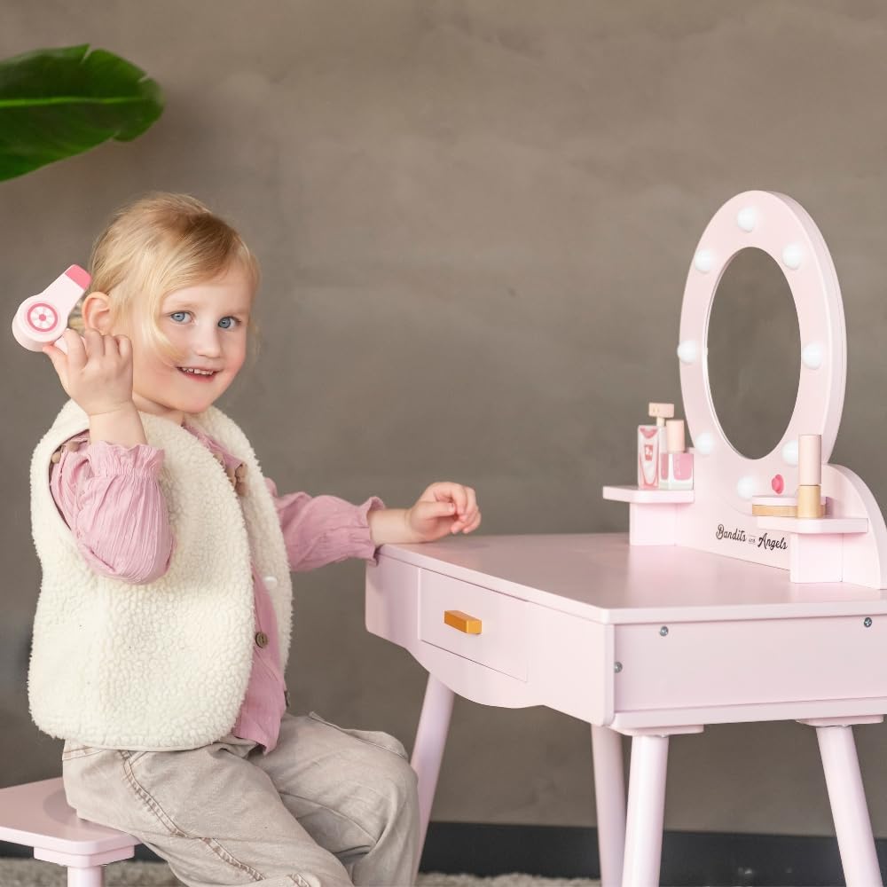 Bandits & Angels Kinderschminktisch Sofia Rosa mit Spiegel und Beleuchtung für Mädchen ab 3 Jahren - Schminktisch aus Holz - Schminktisch inklusive Hocker - Für Kinder