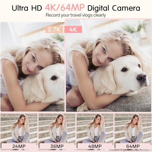 Image of Fansbe Smart Digital Camera, 4K Vlogging Camera with 64MP, Point and Shoot Digital Cameras with 18X Zoom, Anti-Shake, Mode Dial, 32GB SD Card, Card Reader, Charger, Compact Small Cameras, Pink