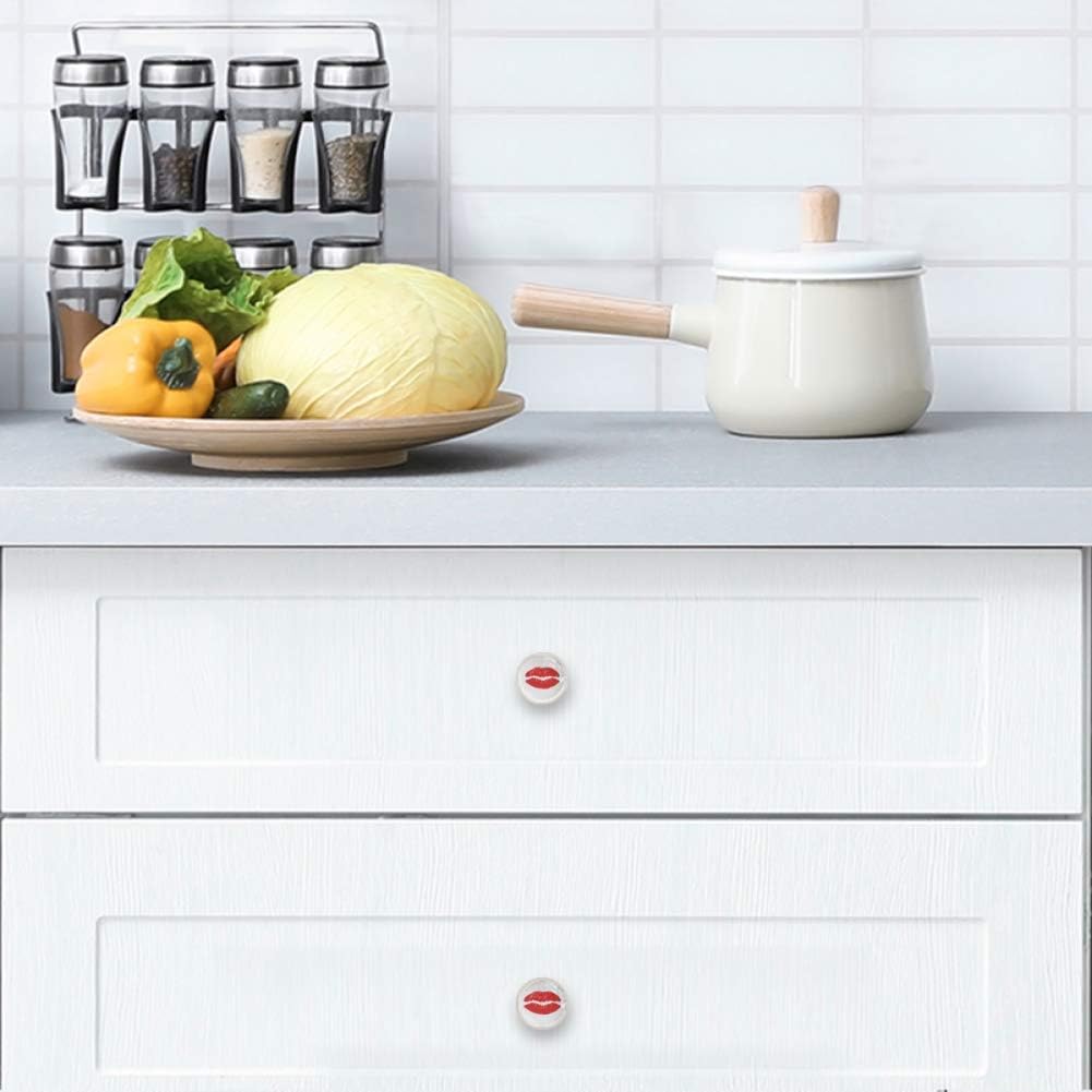 Red Kiss Lips Drawer Knob Pull Handle Crystal Glass Circle Shape Cabinet Drawer Pulls Cupboard Knobs with Screws for Home Office Cabinet Cupboard 4 Pieces