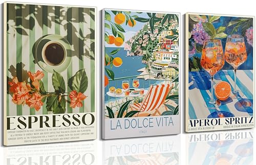 3Pcs Italy Travel Canvas Wall Art Vintage Amalfi Coast Landscape Painting Picture Wall Decor Trendy Italian Food Coffee Sparkling Wine Poster Print Artwork for Kitchen Living Room Home Decoration