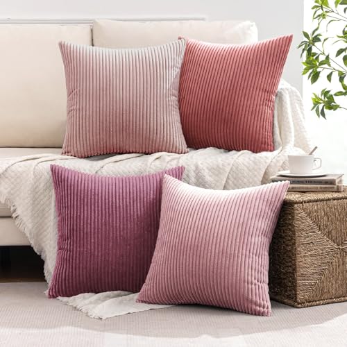 Image of MIULEE Pack of 4 Purple Pink Valentines Corduroy Decorative Throw Pillow Covers 18x18 Inch Soft Boho Striped Pillow Covers Modern Farmhouse Spring Home Decor for Sofa Living Room Couch Bed