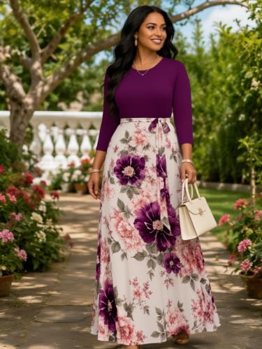 Image of Plus Size Maxi Dress for Women V Neck 3 /4 Sleeve Wrap Dress