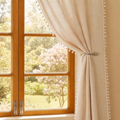 Image of HOMEMONDE Sheer Curtains with Decorative Side Border Pompom Curtain for Customize, Linen Textured Light Filtering, Rod Pocket, 1 Piece - Beige
