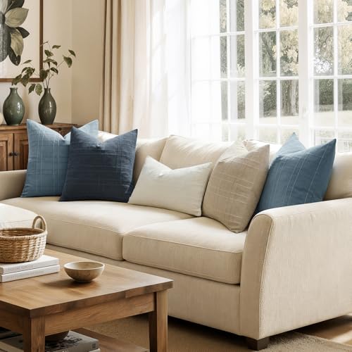 Image of MIULEE Decorative Linen Check Throw Pillow Covers Neutral Farmhouse Vintage Pillow Covers 18x18 Set of 2 Boho Modern Home Decor for Sofa Couch Bedroom Cushion Deep Blue