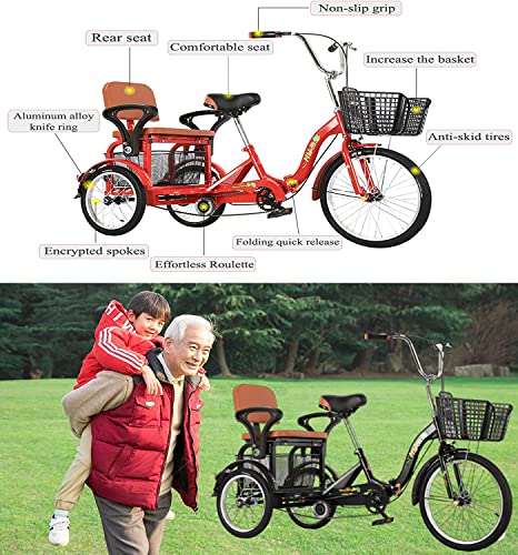 Hmgaqnp Tricycle For Adults/Seniors 3 Wheel Bikes With Large Size Basket And Back Seat, 21 Inch Three-Wheeles Cruise Bicycles Bike For Parent-Child Recreation, Shopping, Exercise #TOP5