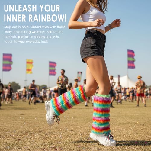 Image of Rainbow Furry Leg Warmers, Rainbow Furry Fluffy Leg Warmers (1Pair)