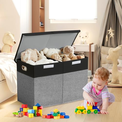 Image of Large Toy Storage Box with Lid, Collapsible Toys Storage Organizer Bins with Dividers and Handles, Storage Chest Bin for Kids, Boys, Girls, Nursery 25 inchx13 inch x16 inch (Balck & Gray)