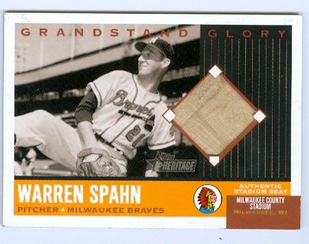 Autograph Warehouse 259566 Warren Spahn Trading Card 2002 Topps Heritage - No. GGWS with Piece Authentic Milwaukee County Stadium Seat
