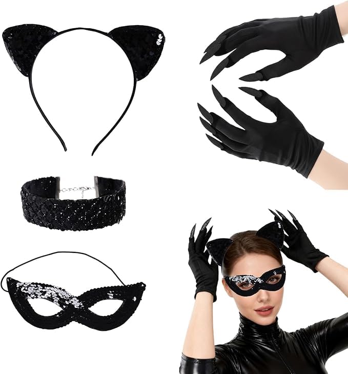 4-Piece Cat Costume Set for Women with Cat Ears, Headband, Mask, Necklace and Cat Claw Gloves, Animal Costume Accessories for Halloween, Carnival, Cosplay Party