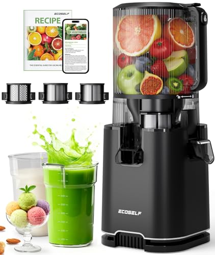 ECOSELF Cold Press Juicer with 3 Filters (For Juice/Sorbet/Nut Milk), Juicer Machines With 6.0' Wide Mouth Hopper, Self Feeding & Hands-Free Design, Upgraded Motor, Juicer for Family Gathering Party